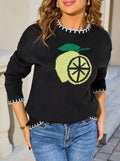 Lemon Motif Whipstitch Trim Knit Sweater - Black