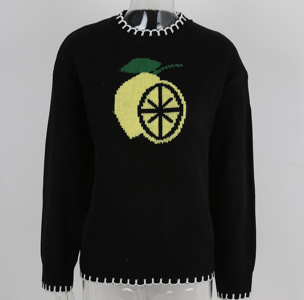 Lemon Motif Whipstitch Trim Knit Sweater - Black - 1