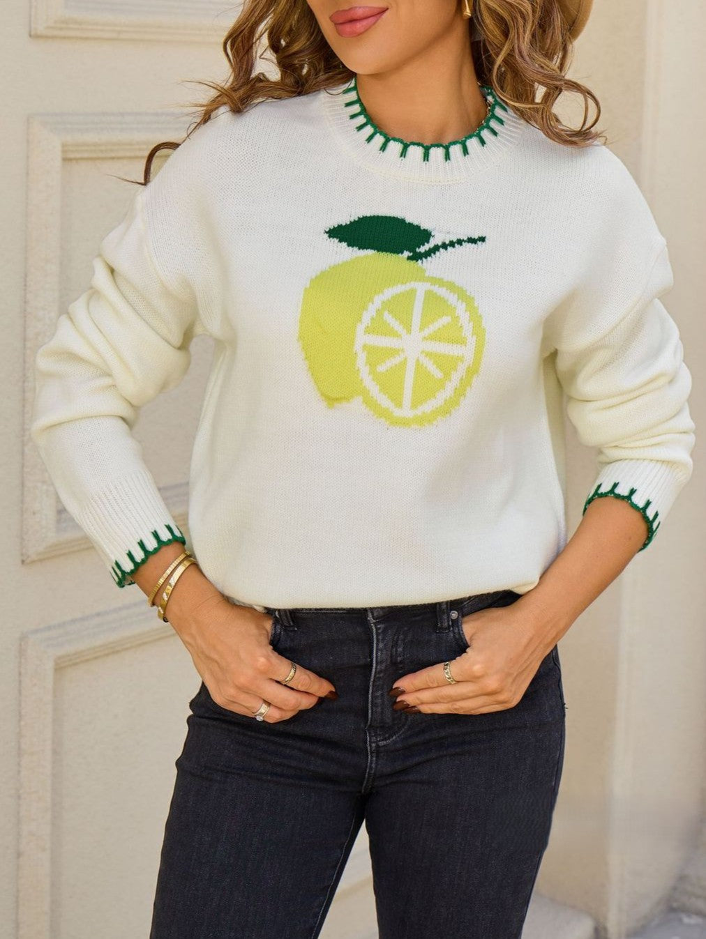 Lemon Motif Whipstitch Trim Knit Sweater - White - 1