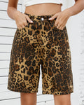 Leopard Print Denim Bermuda Shorts - Leopard