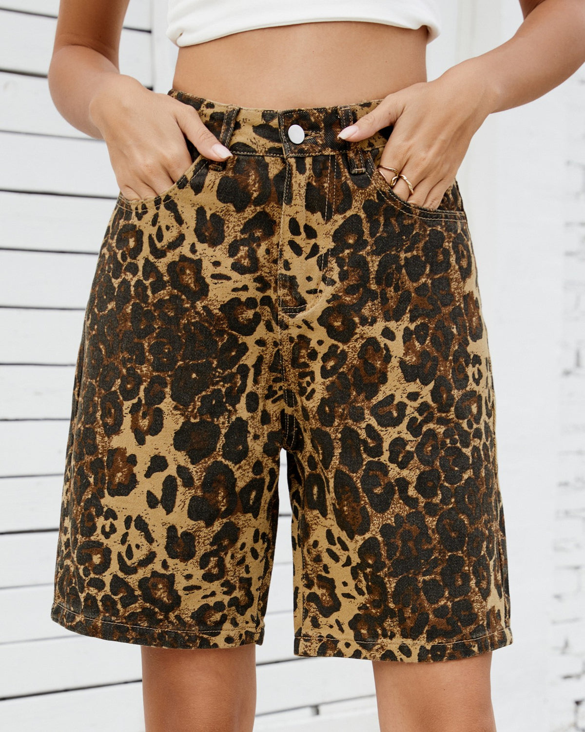 Leopard Print Denim Bermuda Shorts - Leopard