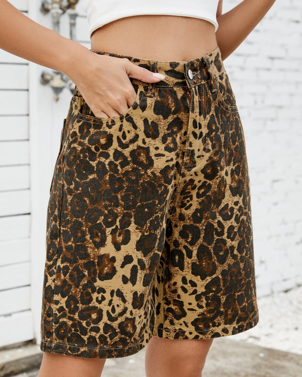 Leopard Print Denim Bermuda Shorts - Leopard - 2