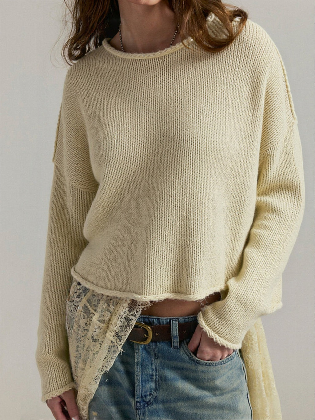 Raw Edge Boxy Knit Crewneck Sweater - Offwhite
