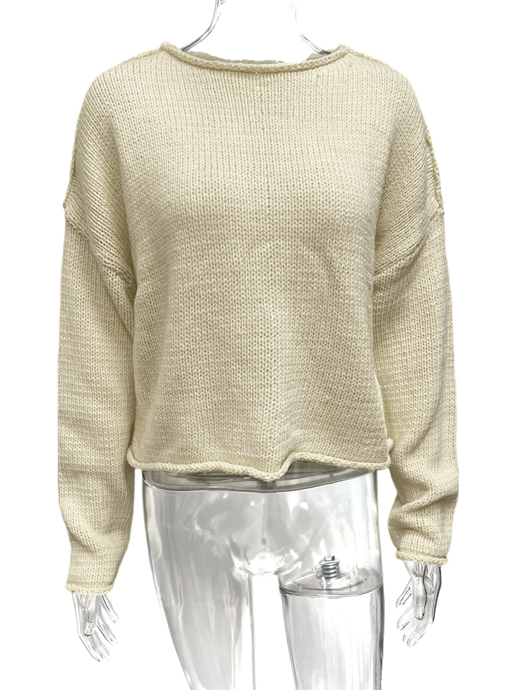 Raw Edge Boxy Knit Crewneck Sweater - Offwhite - 1