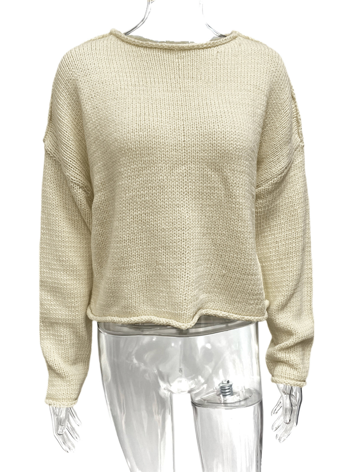 Raw Edge Boxy Knit Crewneck Sweater - Offwhite - 1