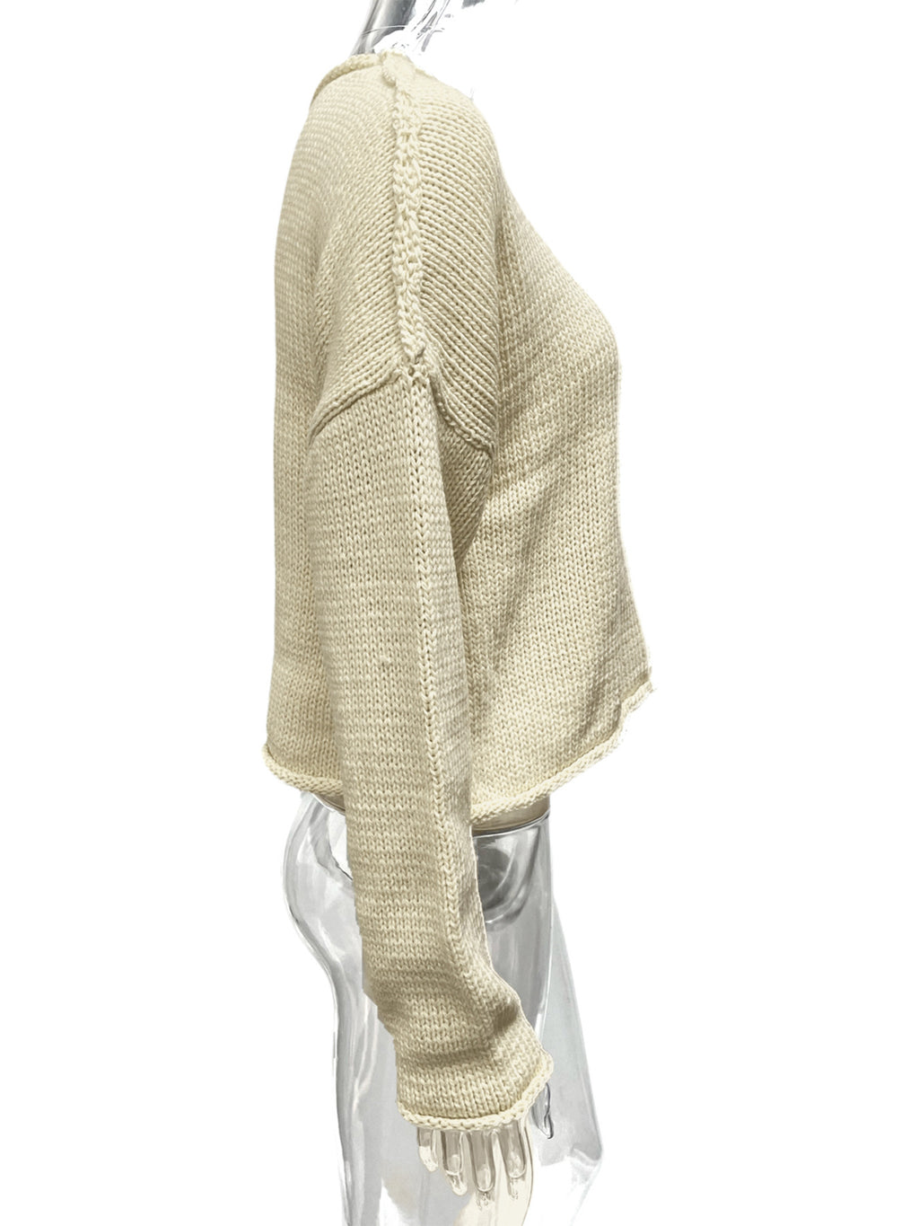 Raw Edge Boxy Knit Crewneck Sweater - Offwhite - 2