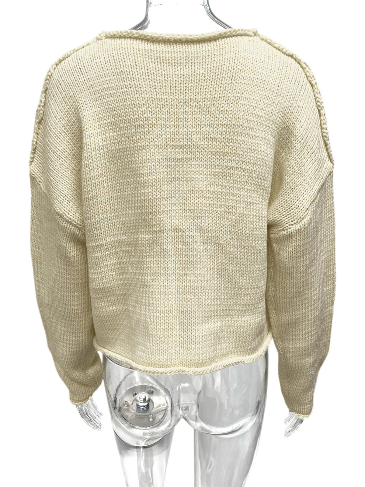 Raw Edge Boxy Knit Crewneck Sweater - Offwhite - 3