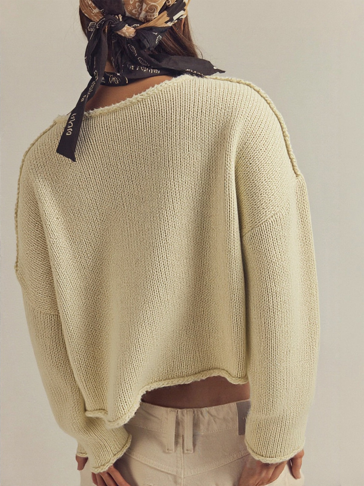 Raw Edge Boxy Knit Crewneck Sweater - Offwhite - 4