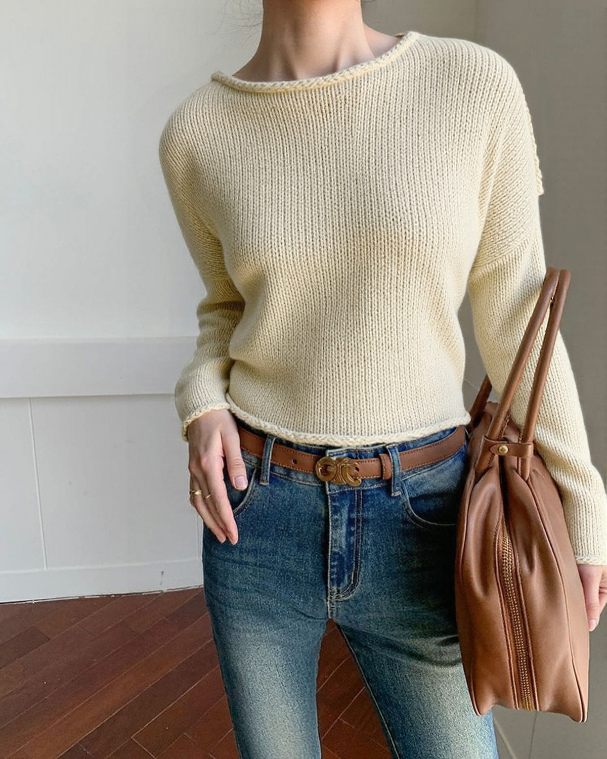 Raw Edge Boxy Knit Crewneck Sweater - Offwhite - 6