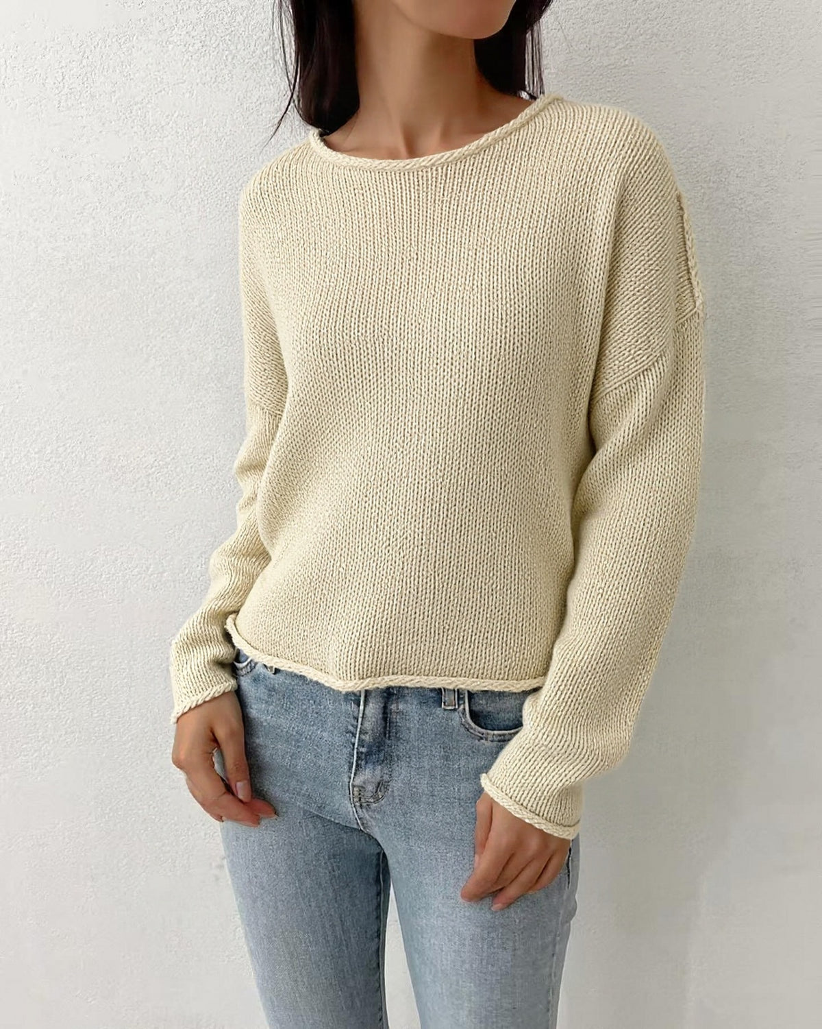 Raw Edge Boxy Knit Crewneck Sweater - Offwhite - 7