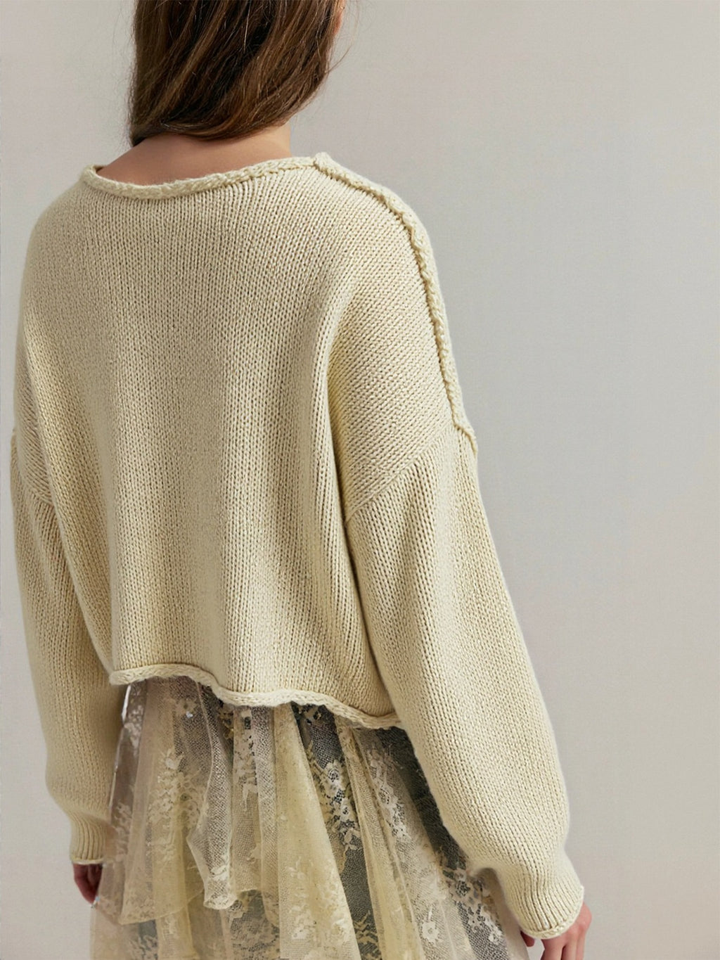 Raw Edge Boxy Knit Crewneck Sweater - Offwhite - 8