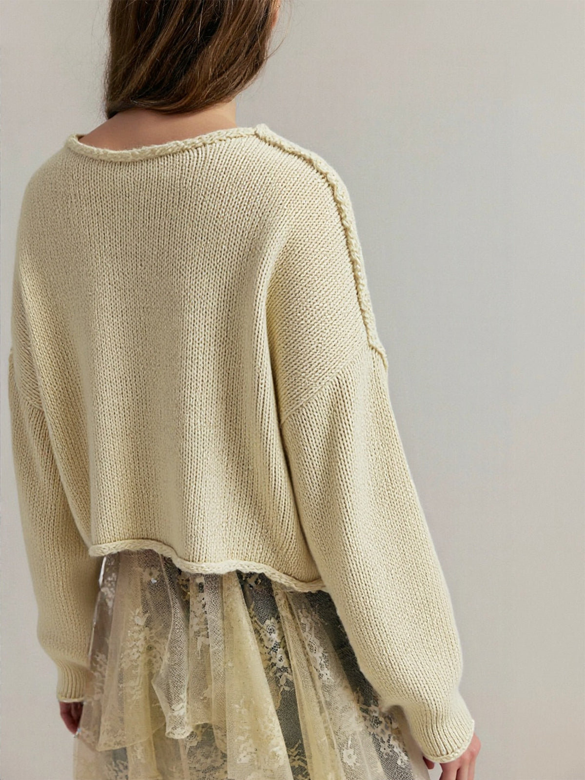 Raw Edge Boxy Knit Crewneck Sweater - Offwhite - 8
