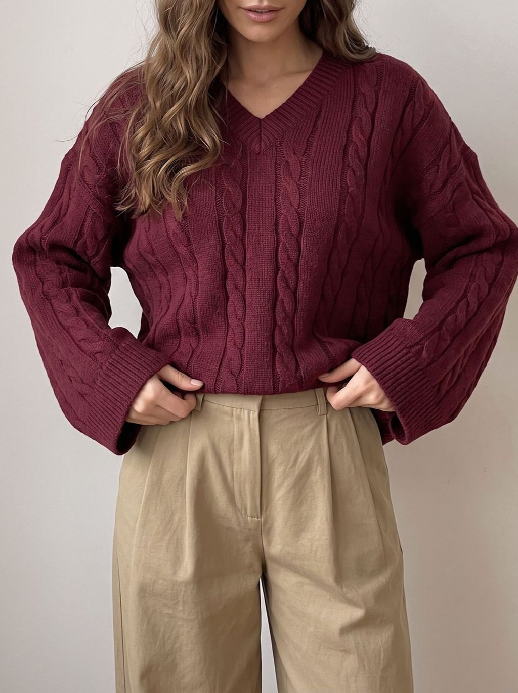 Cable Knit V-Neck Oversized Sweater - WineRed