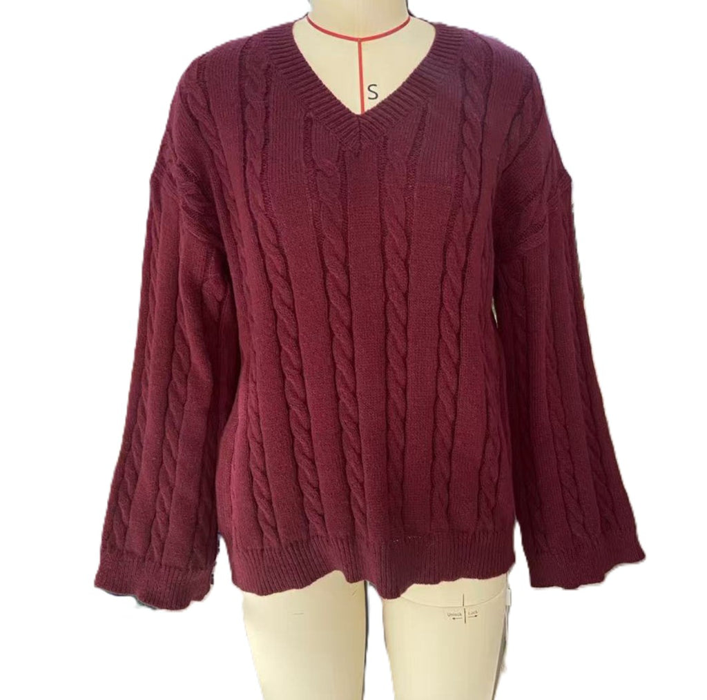 Cable Knit V-Neck Oversized Sweater - WineRed - 1