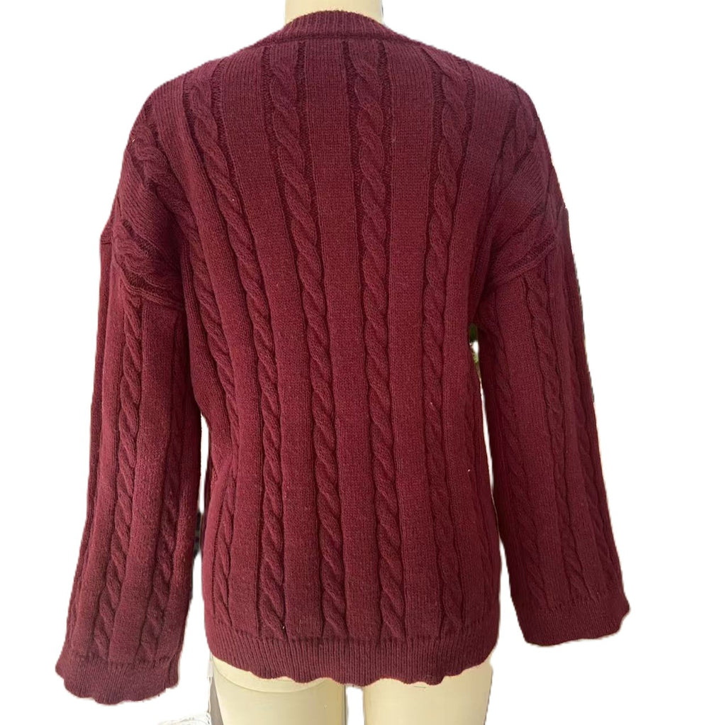 Cable Knit V-Neck Oversized Sweater - WineRed - 2