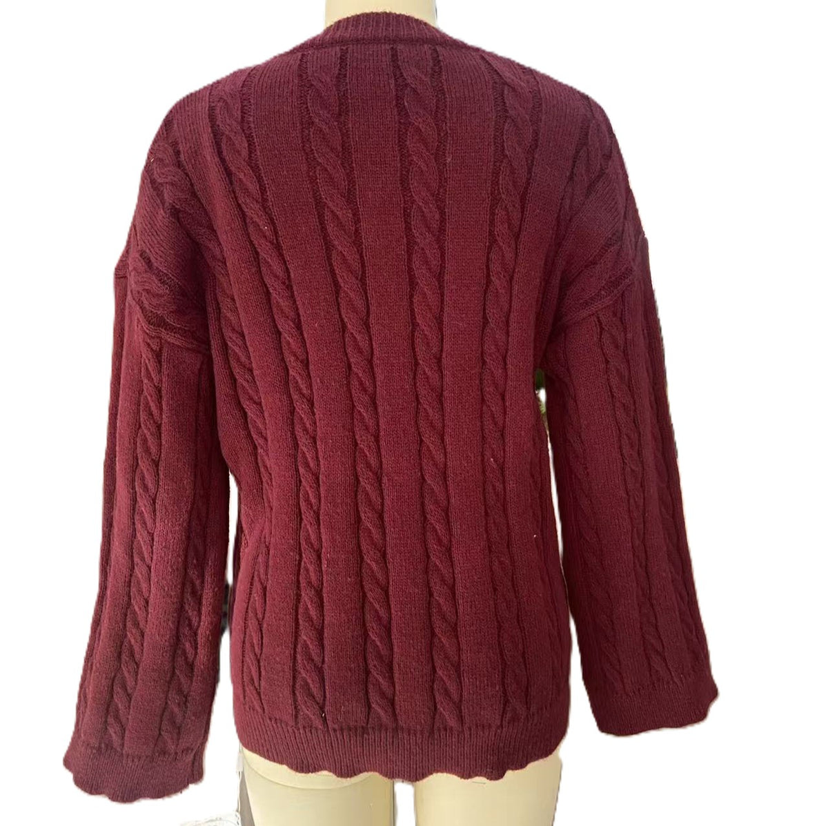 Cable Knit V-Neck Oversized Sweater - WineRed - 2