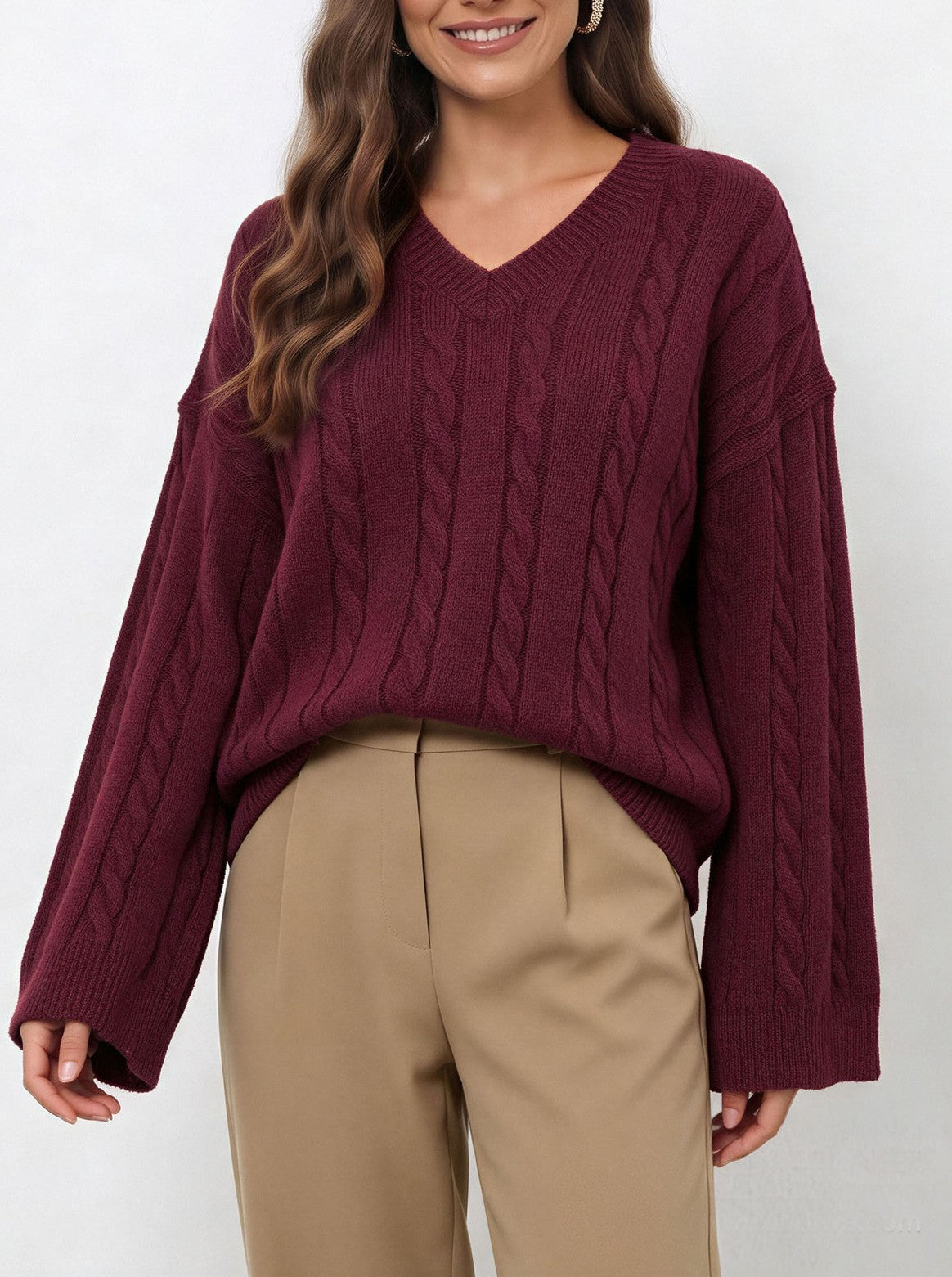 Cable Knit V-Neck Oversized Sweater - WineRed - 3