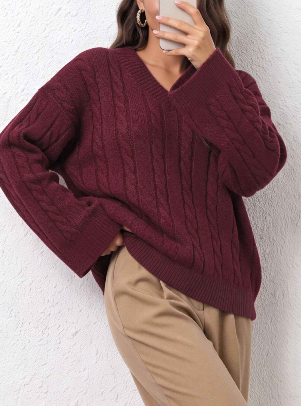 Cable Knit V-Neck Oversized Sweater - WineRed - 4