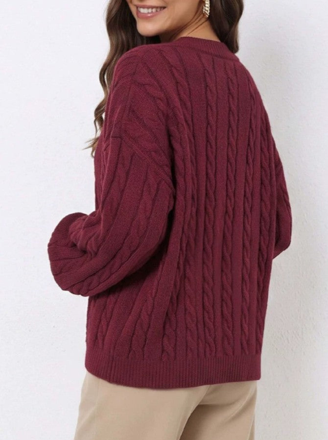 Cable Knit V-Neck Oversized Sweater - WineRed - 5