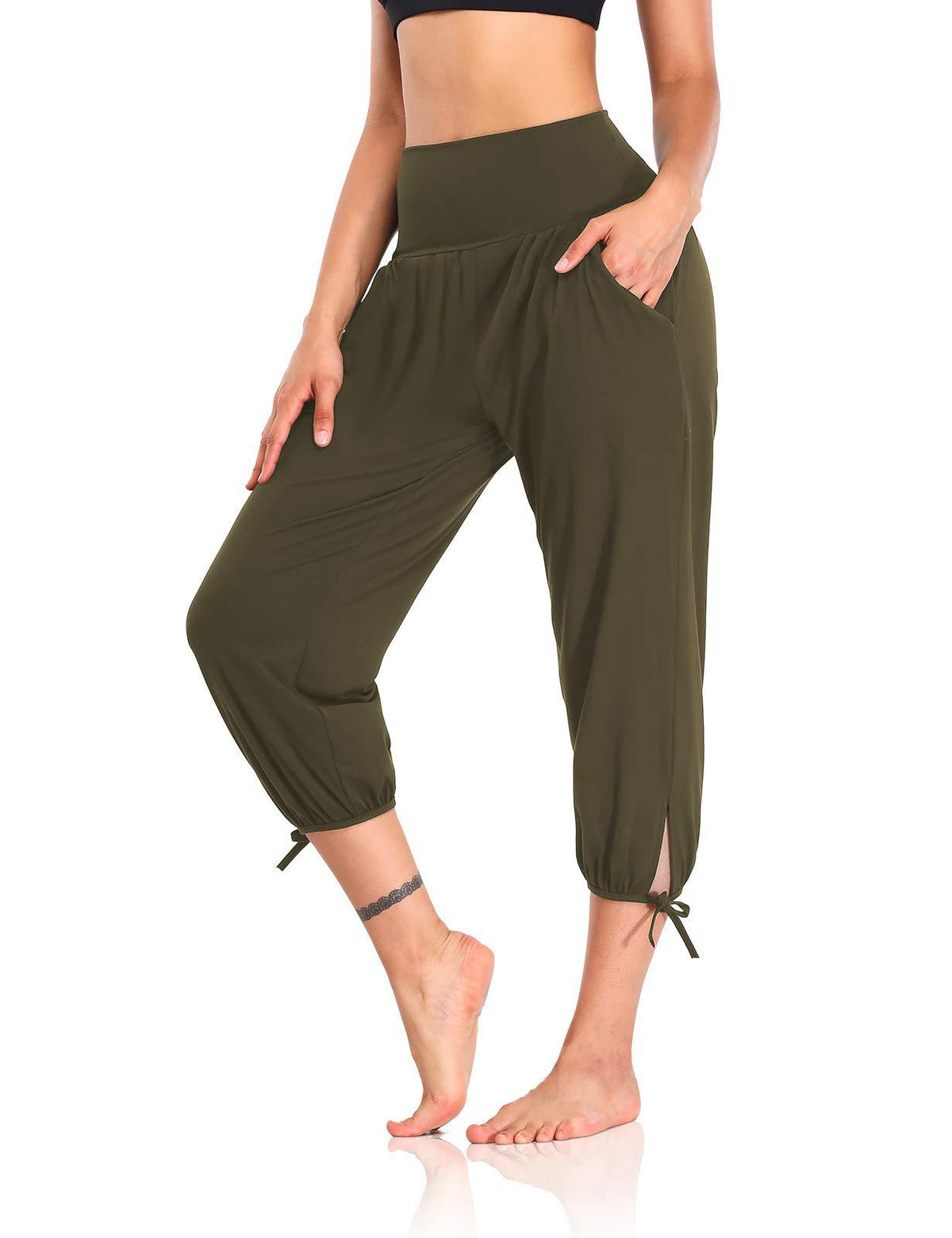 High Waist Cropped Tie Hem Harem Joggers - Green