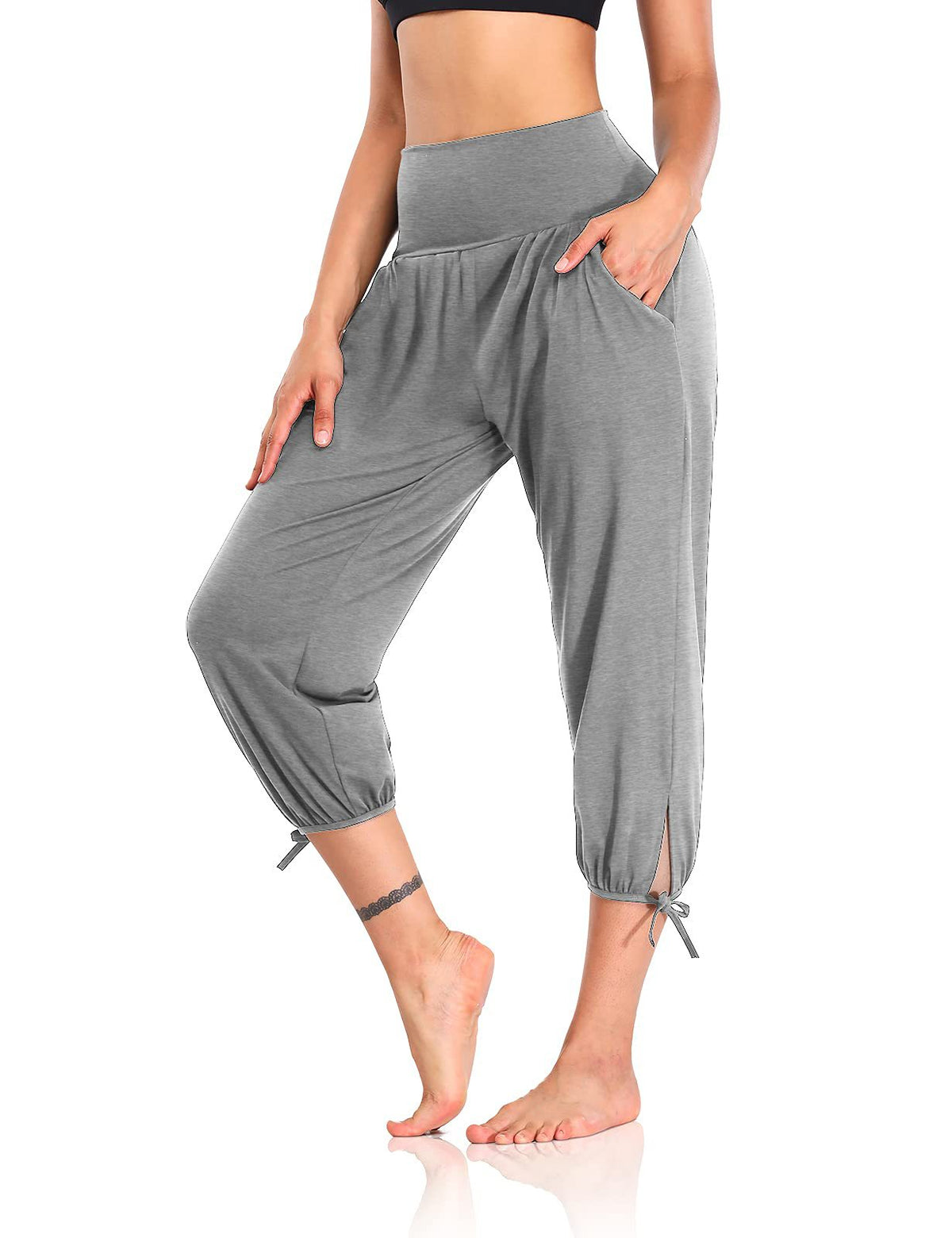 High Waist Cropped Tie Hem Harem Joggers - LightGray