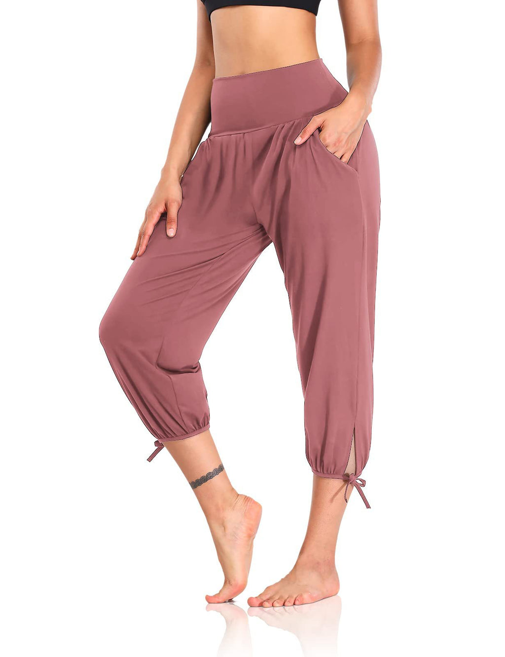 High Waist Cropped Tie Hem Harem Joggers - Pink