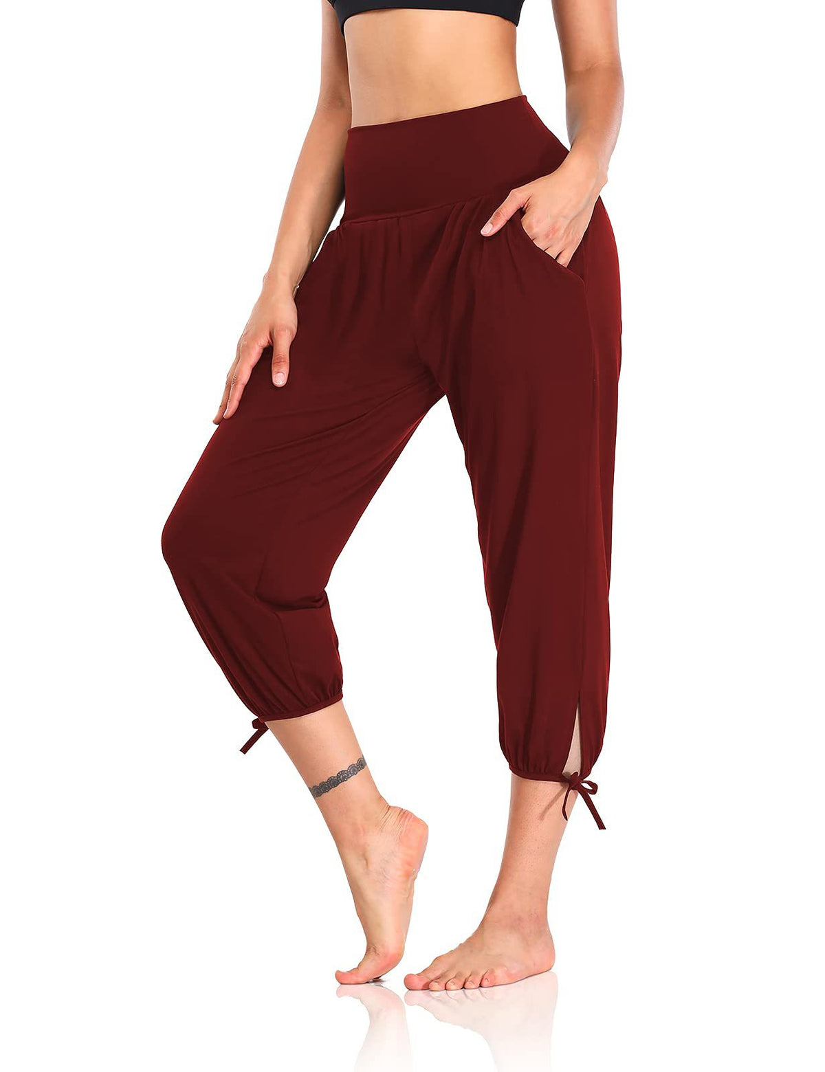 High Waist Cropped Tie Hem Harem Joggers - WineRed