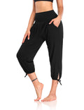 High Waist Cropped Tie Hem Harem Joggers - black