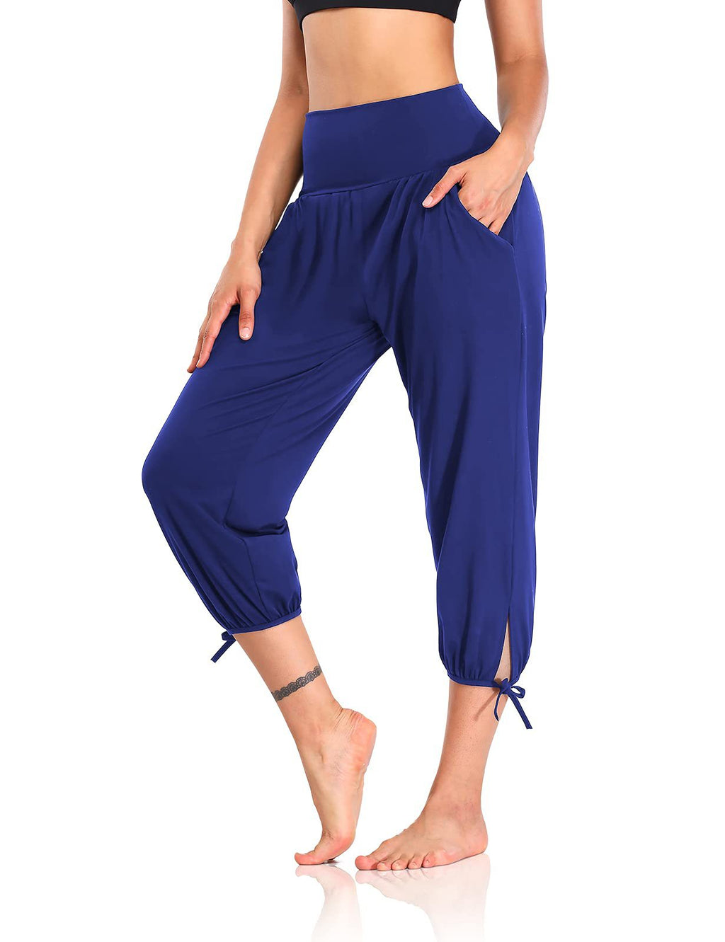 High Waist Cropped Tie Hem Harem Joggers - blue