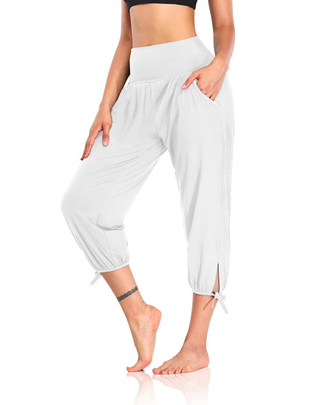 High Waist Cropped Tie Hem Harem Joggers - white