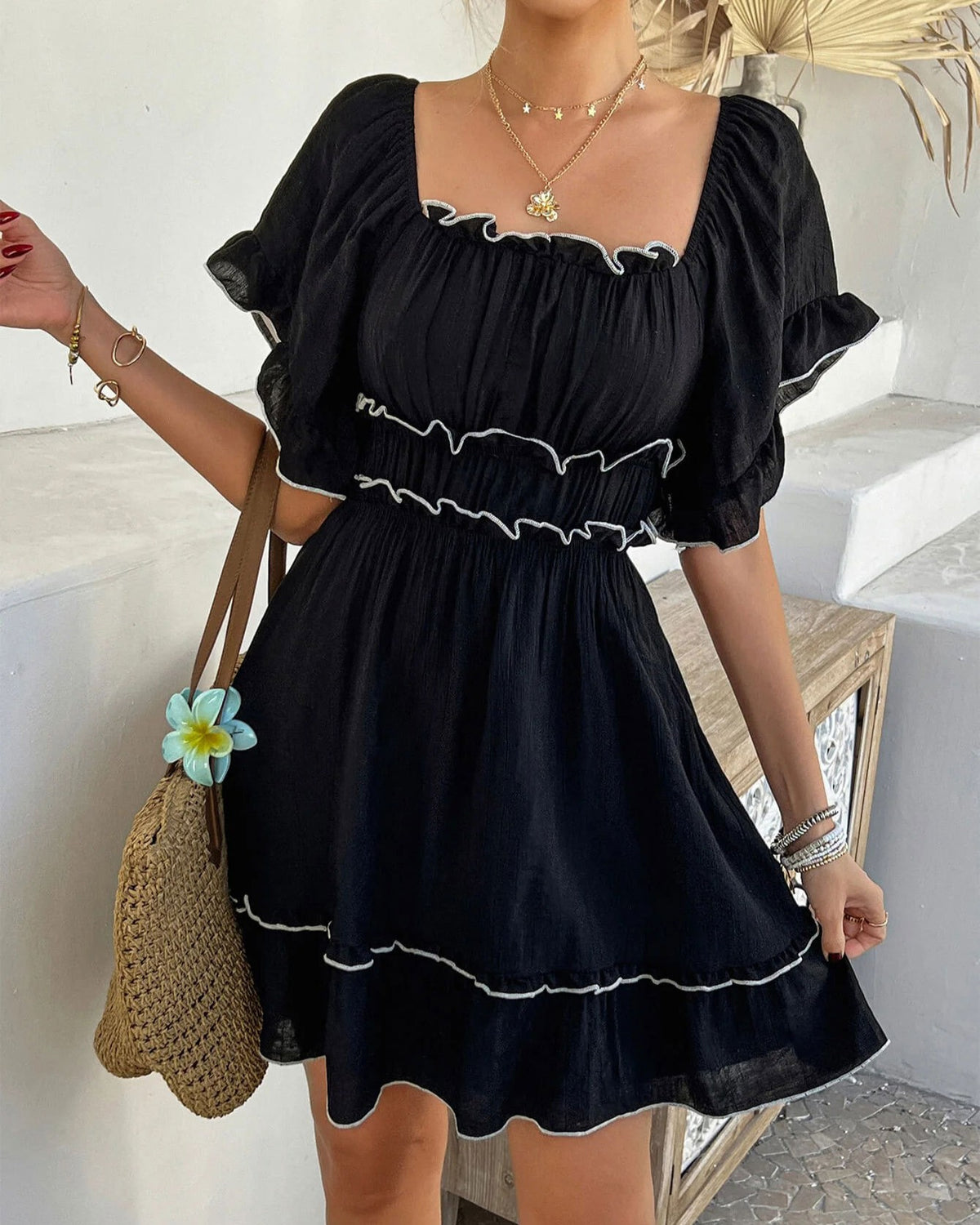 Contrast Trim Ruffle Puff Sleeve Mini Dress - Black