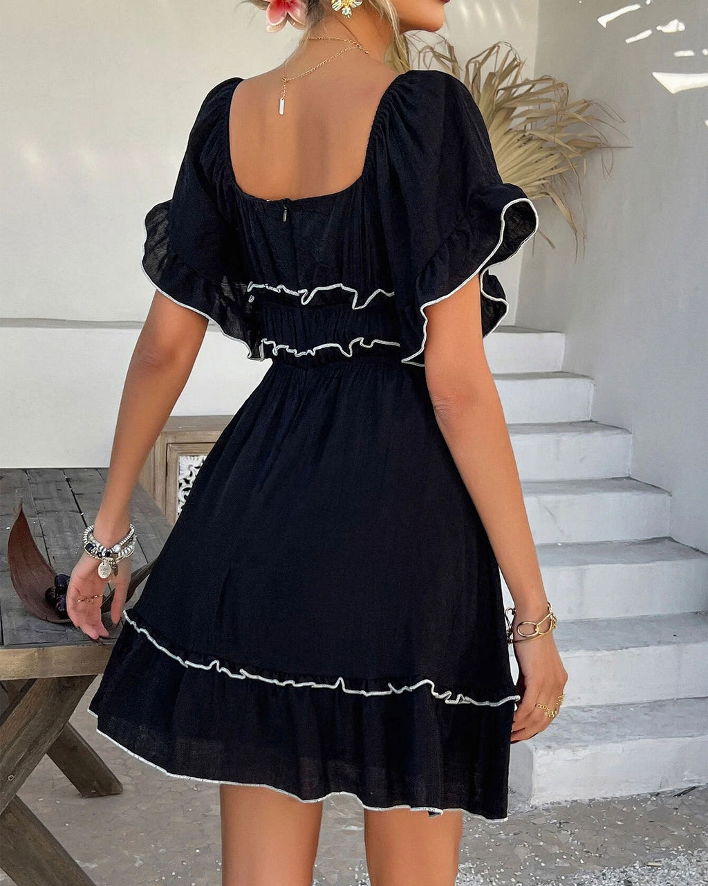 Contrast Trim Ruffle Puff Sleeve Mini Dress - Black - 3