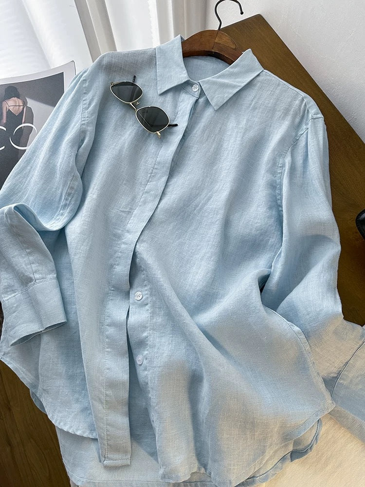 Breezy Linen Weave Oversized Collared Shirt - LightBlue
