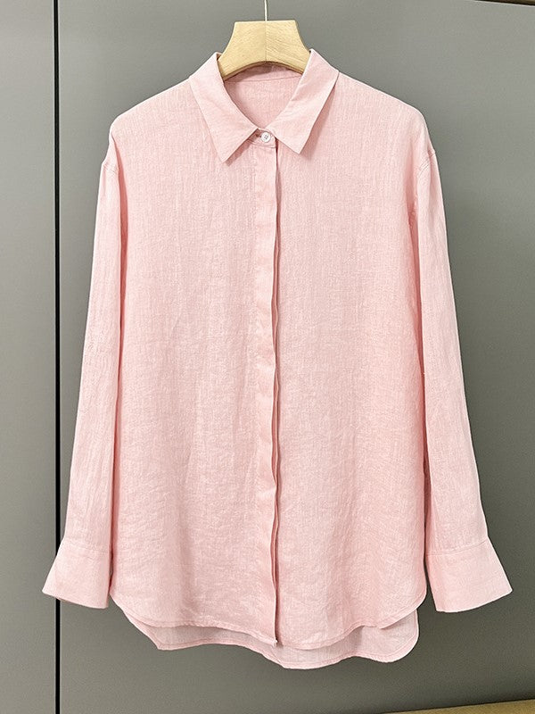 Breezy Linen Weave Oversized Collared Shirt - Pink