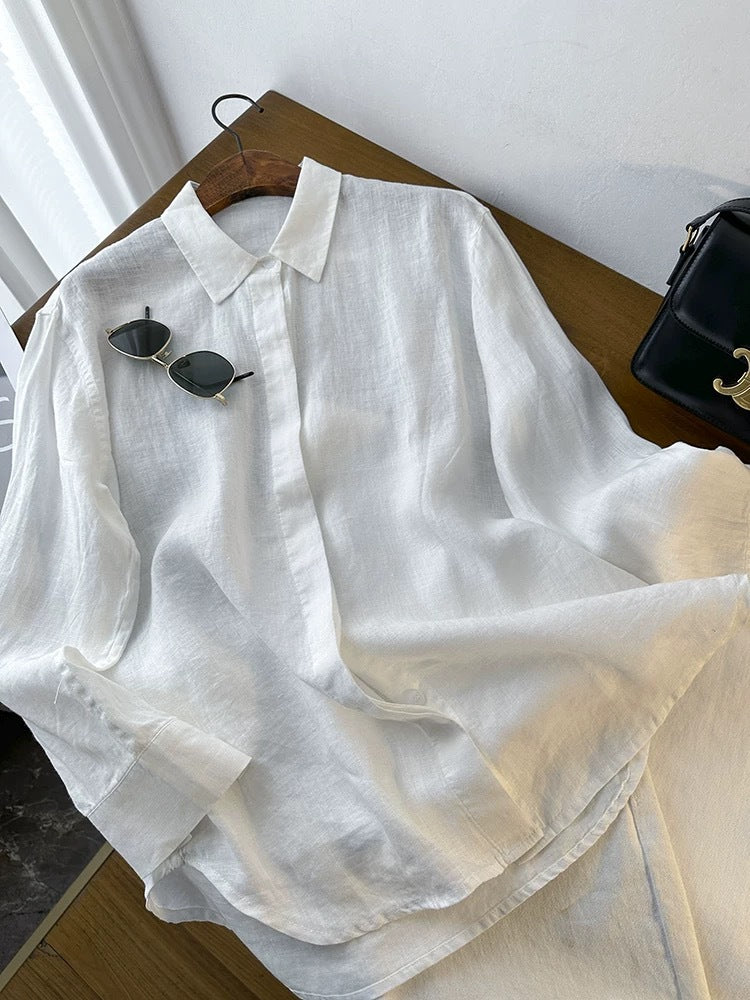 Breezy Linen Weave Oversized Collared Shirt - White