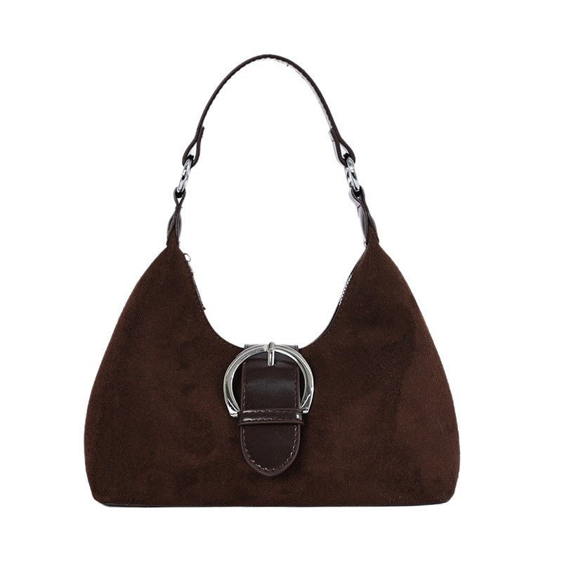 Faux Suede Buckle Crescent Shoulder Bag