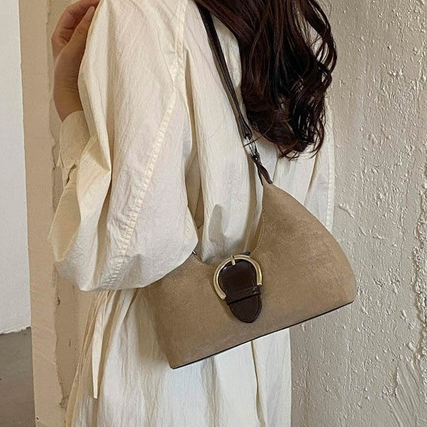 Faux Suede Buckle Crescent Shoulder Bag