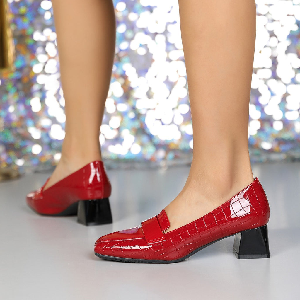 Croc Embossed Square Toe Heeled Loafers