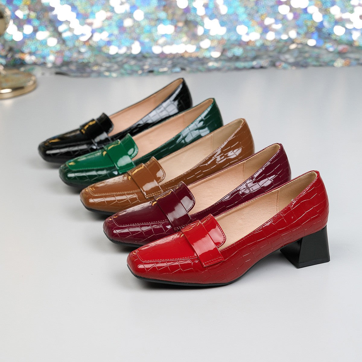 Croc Embossed Square Toe Heeled Loafers