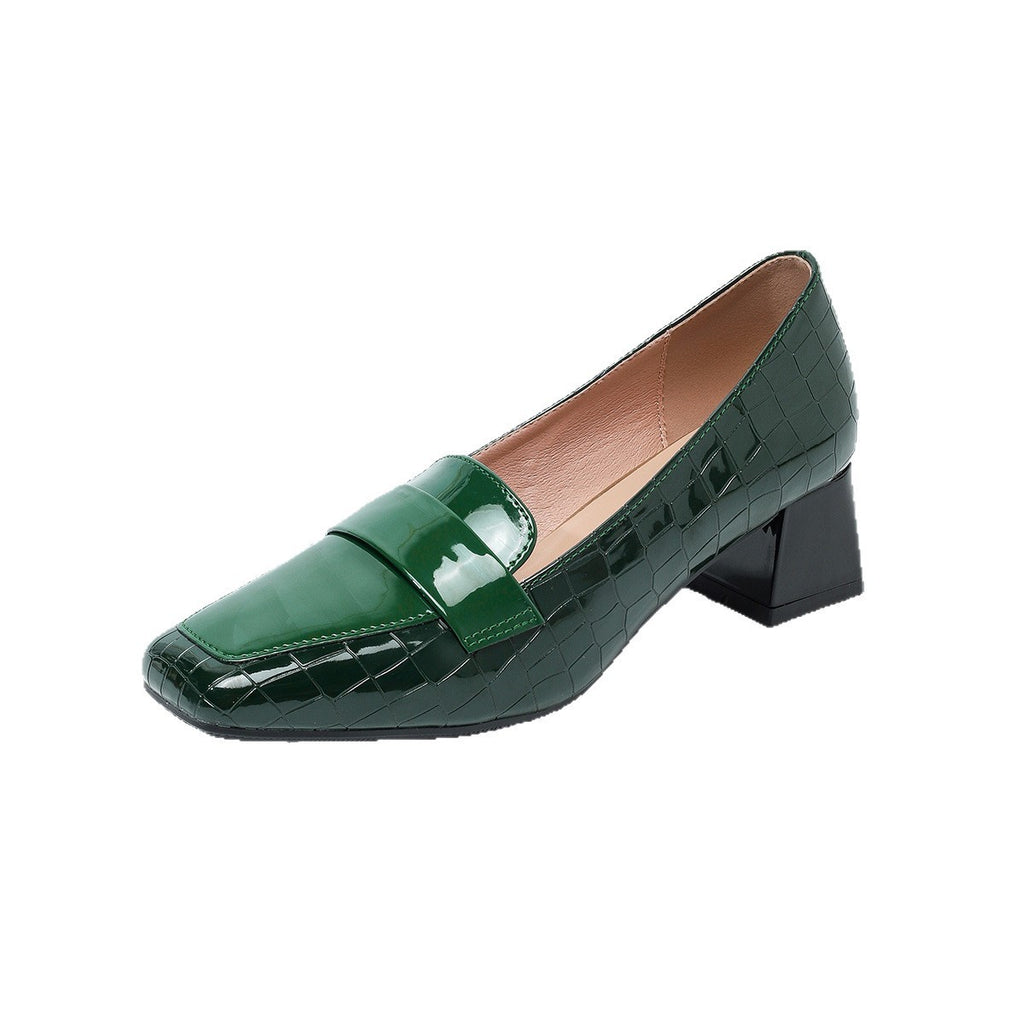 Croc Embossed Square Toe Heeled Loafers