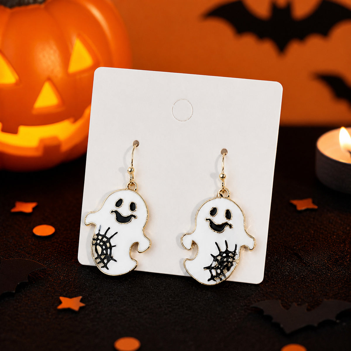 Smiling Ghost Spiderweb Enamel Dangle Earrings - White - 1