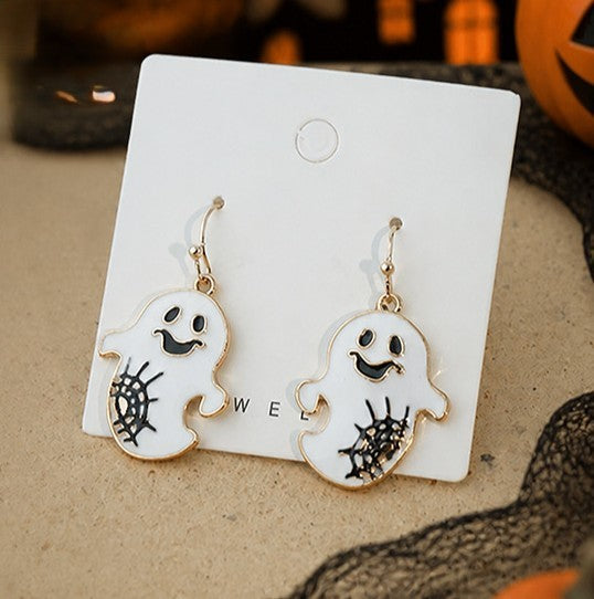 Smiling Ghost Spiderweb Enamel Dangle Earrings - White - 2