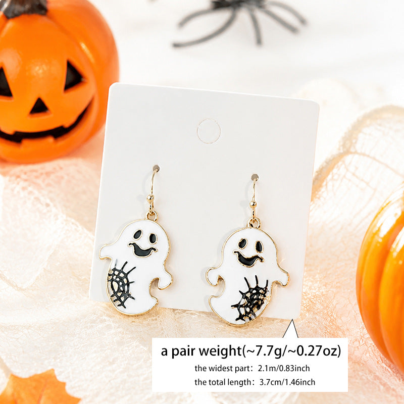 Smiling Ghost Spiderweb Enamel Dangle Earrings - White - 3