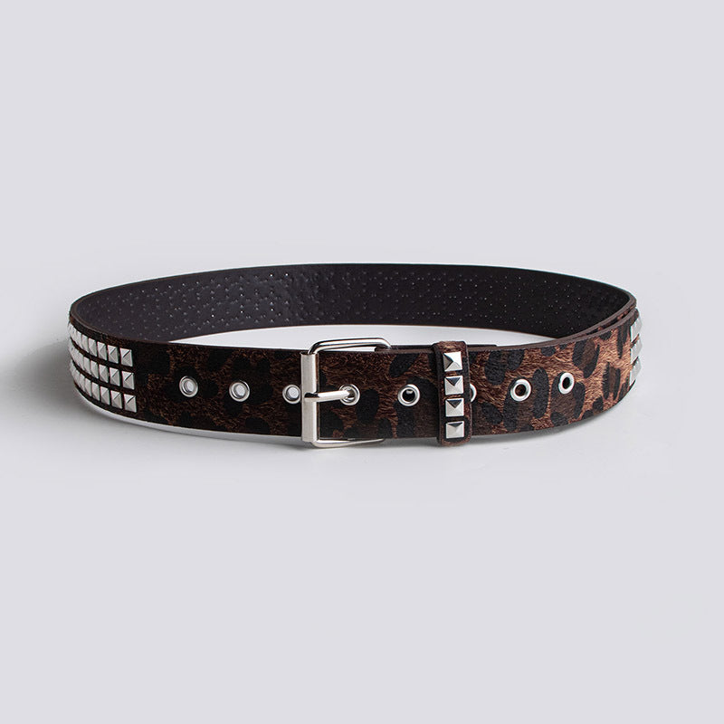 Pyramid Studded Animal Print Faux Leather Belt - Coffee