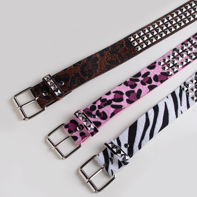 Pyramid Studded Animal Print Faux Leather Belt - Coffee - 1