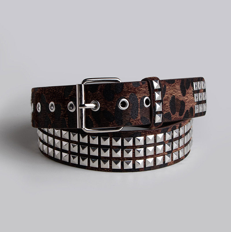 Pyramid Studded Animal Print Faux Leather Belt - Coffee - 2