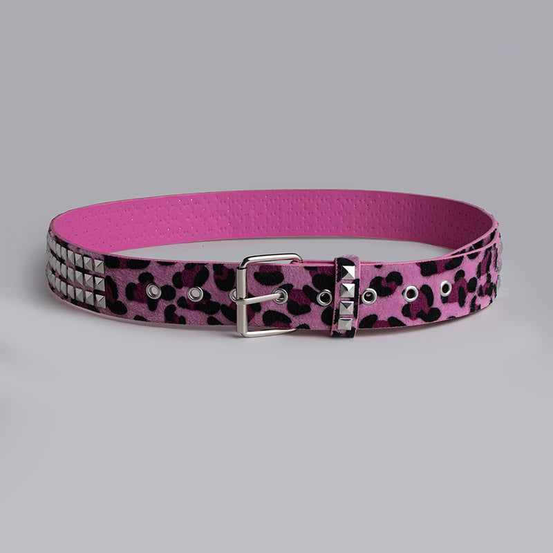 Pyramid Studded Animal Print Faux Leather Belt - Purple