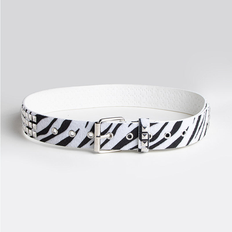 Pyramid Studded Animal Print Faux Leather Belt - White