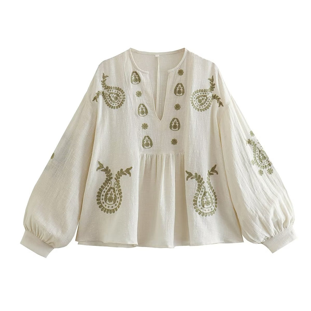 Embroidered Balloon Sleeve Peplum Blouse - White