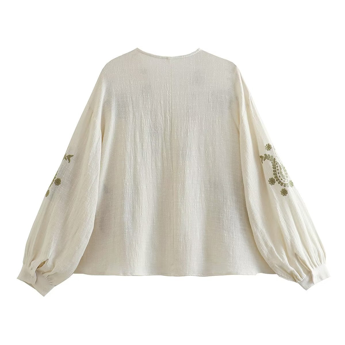 Embroidered Balloon Sleeve Peplum Blouse - White - 1
